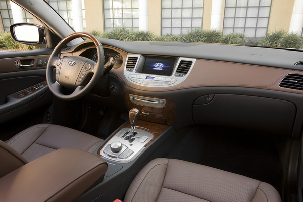 2009 Hyundai Genesis interior. Ten buttons on the center stack are devoted 