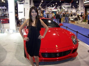 SEMA 2008 booth babe 5 and Ferrari