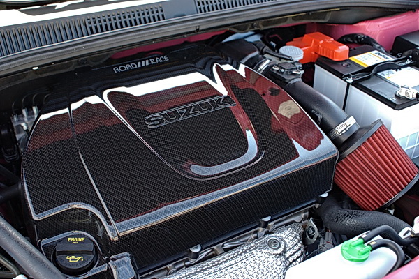 Engine bay features carbon fiber engine cover and cold air intake